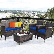 DUYHBAWRS 4PCS Patio Rattan Furniture Set Solid Wood Leg Cushioned Sofa Garden Lawn