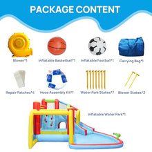 7-in-1 + Inflatable Water Park Bounce House + with Splash Pool, Water Gun, Climbing Wall, Basketball Hoop and Soccer Goal + Outdoor Garden + Bouncer for Kids