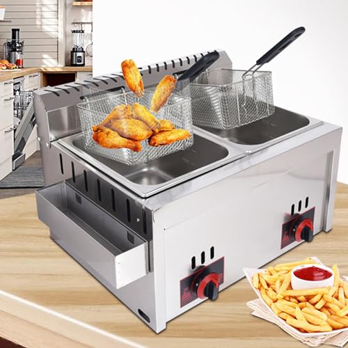 QIANG Professional Lpg Gas Fryer,Commercial Lgp Fryer,Thick Stainless Steel Fryer with Baskets and Lids,Adjustable Firepower and Temperature Contro,for Home and Commercial 20L