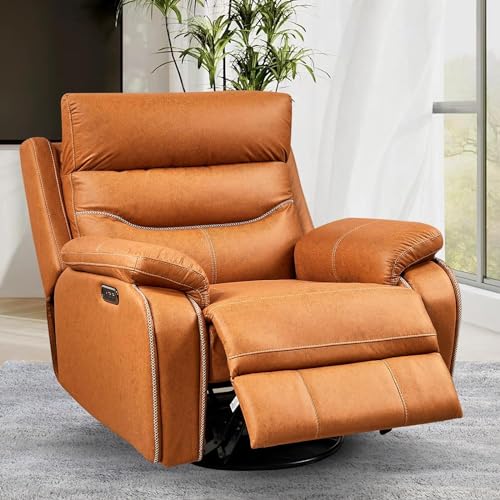 UOPYNE Dual Motor Power Swivel Recliner Chair with Massage and Heat for Elderly, 270° Electric Leather Rocker Recliner with Power Headrest, USB Port for Living Room