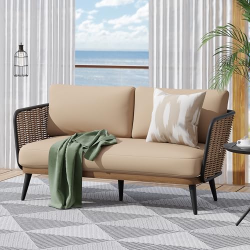 Christopher Knight Home Tobin Patio Loveseat, Outdoor 2-Seater Lounge Sofa, Woven Wicker Faux Rattan Accents, Iron Frame, Removable Water-Resistant Cushions, Porch/Backyard/Balcony, Beige+Black+Brown