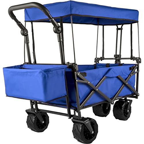 Collapsible Wagon with Removable Canopy, 220lbs Heavy Duty Foldable Beach Wagon with Big Wheels, for Picnic, Camping, Fishing, Beach (Blue)