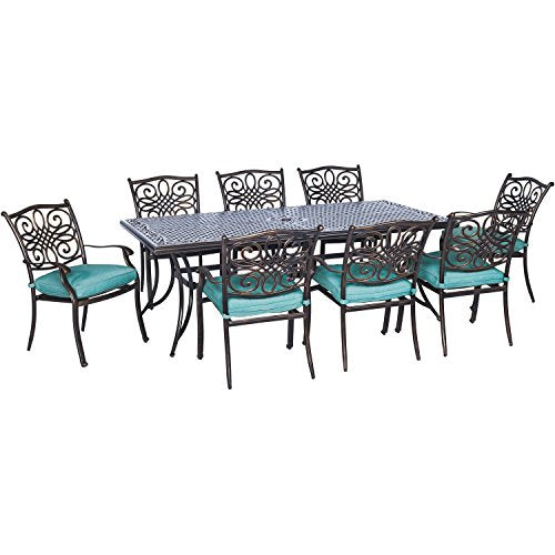 Hanover Traditions 9-Piece Outdoor Dining Set with Blue Cushions