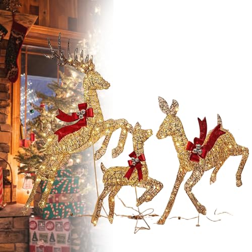 3-Piece Large Lighted Christmas Deer Family Set Outdoor Yard Decoration with LED Lights, Stakes, Zip Ties for Yard Patio Lawn Garden Party 4