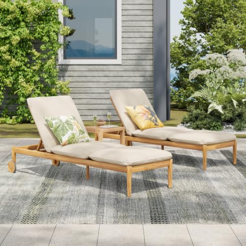 Hassyee Acacia Wood Patio Chaise Lounge w/Adjustable Backrest for Garden Set of 2, Outdoor Wooden Lounge Chairs w/Wheels for Poolside, Leisure Pool Lounger w/Removable Cushion for Porch, Deck