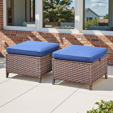 Seeheool Outdoor PE Wicker Ottomans Set of 2, Patio Brown Rattan Footrests with Blue Cushions for Backyard or Deck
