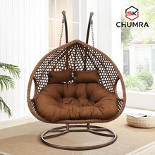 SK CHUMRA Premium 2-Person Hanging Egg Chair with Stand – Bronze Wicker Loveseat with Brown Cushions for Indoor & Outdoor Use (Brown Frame with Brown Cushion)