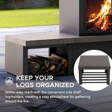 Sunjoy 76" Modern Outdoor Wood-Burning Steel Fireplace with Chimney, 2 Side Log Holders, Locking Mesh Doors, Removable Ash Pan, Poker and PVC Cover, Brown