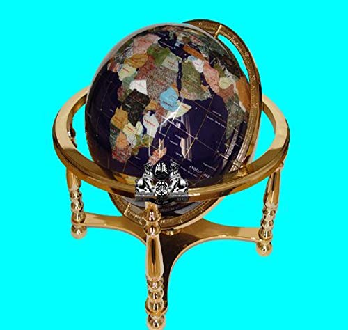 Unique Art Since 1996 Blue Lapis Ocean Table Top Gemstone World Globe with Gold 4-Leg Stand