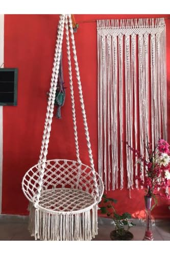 Macrame Swing Hammock Chair Ecru Twisted Rope 23.6 x 31.5 in 220 lb Capacity Steel Pipe for Indoor Outdoor Use Retro Style Hanging Seat
