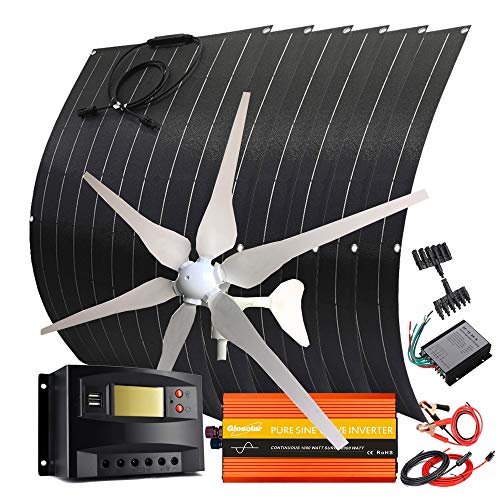 1000W 12V/24V Solar Wind Turbine Generator Kit: 400W Wind Turbine+ 6pcs 100W Flexible Solar Panel & 1000W Power Inverter + 60A Charge Controller for Homes Boat Charge Battery (with 1000w inverter)