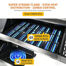 EUHOME Upgraded 51,000 BTU 4-Burner Propane Gas Grill with Side Burner – Large 452 sq.in Porcelain-Enameled Cast Iron Grates, Stainless Steel Body, 4 Swivel Casters for Backyard Patio & Tailgating