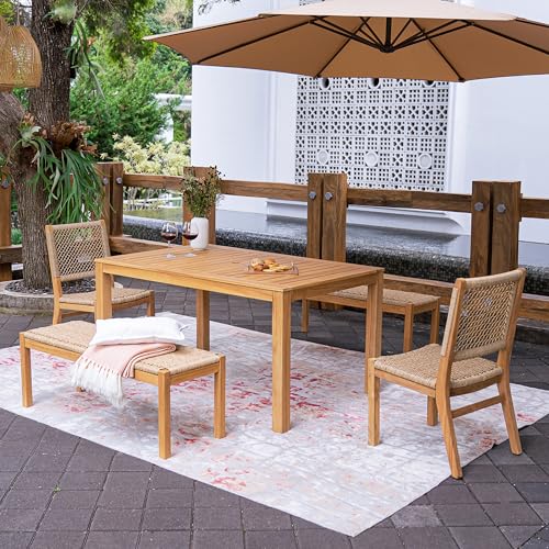 Cambridge Casual Paxton Wood 5-Piece Outdoor Dining Set with Backless Bench, Natural Teak/All-Weather Wicker Outdoor Dining Set, Perfect for Outdoor Use