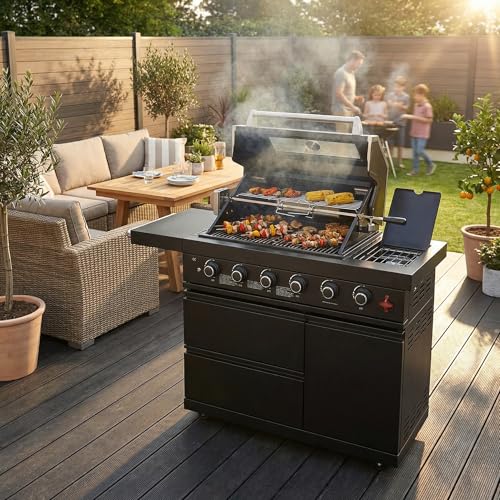 GDFStudio 75300 BTU 6-Burner Gas Grill Island, Deluxe SS304 Stainless Steel Outdoor BBQ Station with Rotisserie, Granite Countertop, Propane/Natural Gas, 46‘’, Black