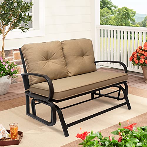 Patio Glider Bench Loveseat 2 Person Swing Rocking Chair Garden Double Rocker Chair with Cushion, Steel Frame (Khaki)