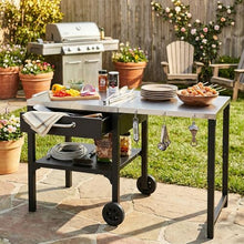 WZONICE98 Outdoor Grill Table, Foldable Stainless Steel Prep Station with Wheels, Portable BBQ Cart with Drawer and Storage Shelf, Folding Grill Table for Camping Patio Backyard, Black