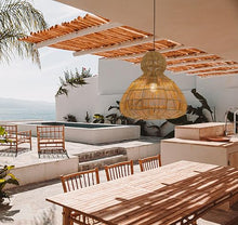 Modern 1-Light Matte Black Outdoor Coastal Boho 20 in. Scalloped Pendant Light for Patio with Beige Wicker Rattan Shade