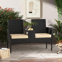 1 Pcs Outdoor Rattan Double Seat Loveseat with Solid Non-hollow Middle Side Table & Padded Cushions, Weather Resistant Outdoor Patio Furniture Set for Patio, Backyard, Garden, Porch(Beige-Black)