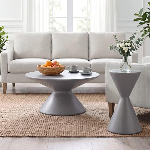 Christopher Knight Home Nowin Lightweight Concrete Outdoor Side Table Set of 2, Patio Round Coffee Table Set with Small Plant Stand, Hourglass-Shaped 2 Outdoor Table for Garden/Backyard, Gray