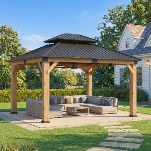 Wood Gazebo 10' x 12', Cedar Gazebo with Hardtop Galvanized Steel Double Roof, Permanent Pavilion with 4.72" Thickened Wooden Posts for Poolside, Patio, Backyard, Garden and Deck