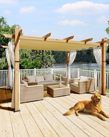 KYBOLT 10x13 Ft Outdoor Pergola with Retractable Canopy Aluminum Gazebo Imitation Wood-Grain Post with Side Mesh Screen Pavilion for Backyard Deck-Beige+White