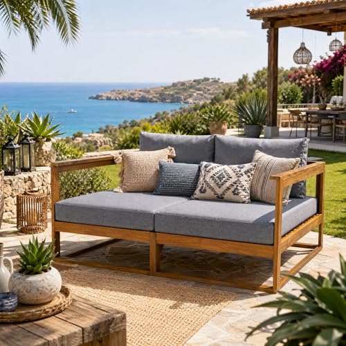 Christopher Knight Home Acacia Wood Outdoor Daybed Patio Sofa, Double Outdoor Lounge Chairs Patio Sofa with Cushions & Armrest, Patio Lounger Outdoor Couch for Backyard Pool Deck, 600 lbs, Grey +Teak