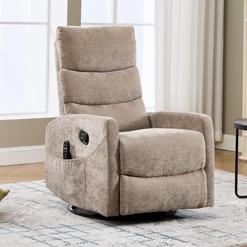 KEIKI Swivel Rocker Recliner Chair with Heat and Massage, Khaki Chenille