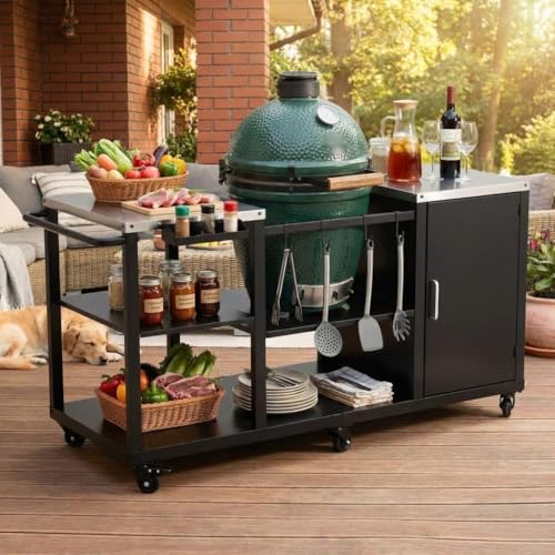 Grill Table for Big Green Egg, Portable Outdoor BBQ Cart with Heavy Duty Metal Frame, Swivel Casters, Tools Hooks, Paper Towel and Garbage Bag Racks
