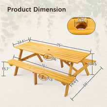 YOPTO 8 Person Wood Picnic Table with 2 Built-in Benches and Umbrella Hole, Outdoor Rectangular Camping Dining Table with 2 Seats,for Garden, Backyard, Porch, Patio,Natural