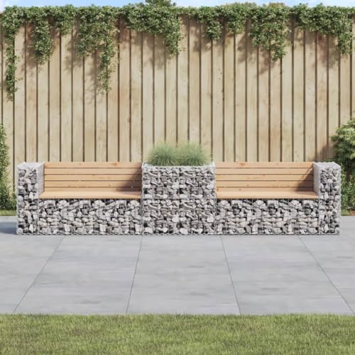 GFDWPUY Solid Pine Wood Garden Bench with Galvanised Steel Gabion Basket Base, Compact Patio Seat for Backyard, Park, and Outdoor Spaces, 2 Benches Set