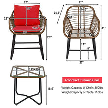 3PCS Patio Rattan Bistro Set Cushioned Chair Glass Table Deck Red Armchair Square Table