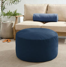Sorra Home Sunbrella Knife Edge Pouf Cushion - Round, Outdoor Stuffed Plush Ottoman & Foot Rest Stool - Balcony, Patio, Poolside Furniture Accessory - Continuous Indigo (30" x 30" x 15")