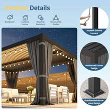 12' x 16' Louvered Pergola, Metal Outdoor Pergola with Adjustable Louvered Roof, Curtains & Netting, Gutter System, Hardtop Patio Gazebo for Patio, Deck, Garden, Yard, Dark Gray
