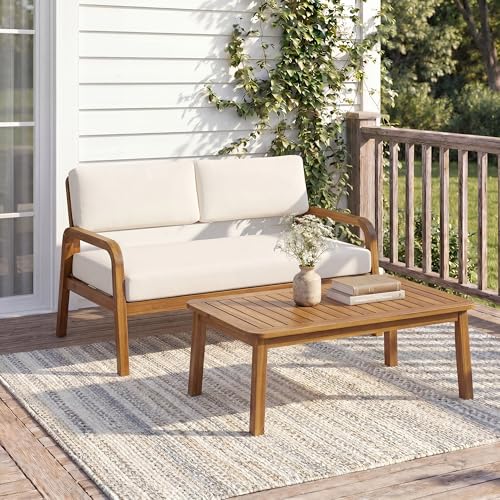 Merax 2-Piece Outdoor Loveseat & Coffee Table Set, Acacia Wood Frame with Weather-Resistant Cushions, Teak Finish Patio Seating for Backyard, Deck & Sunroom