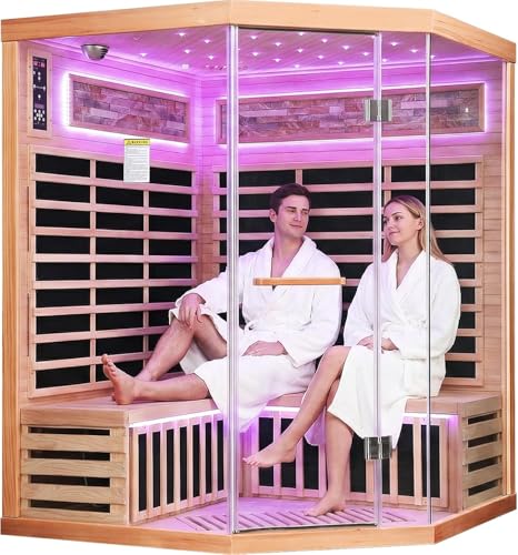 2 Person Infrared Sauna, Home Sauna with Hemlock Wood Dry Sauna 1950W/110V Low EMF Indoor 2 person Sauna Room with 7-Color Therapy Lamp 20 Minutes Pre-Warm Up- Easy to Assemble - 47.2*35.4*74.8 IN
