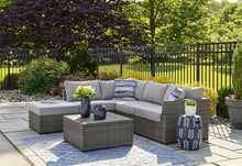 Signature Design by Ashley Petal Road Casual Weather Resistant Outdoor Loveseat Sectional Set with Ottoman, Table & 2 Throw Pillows Grey