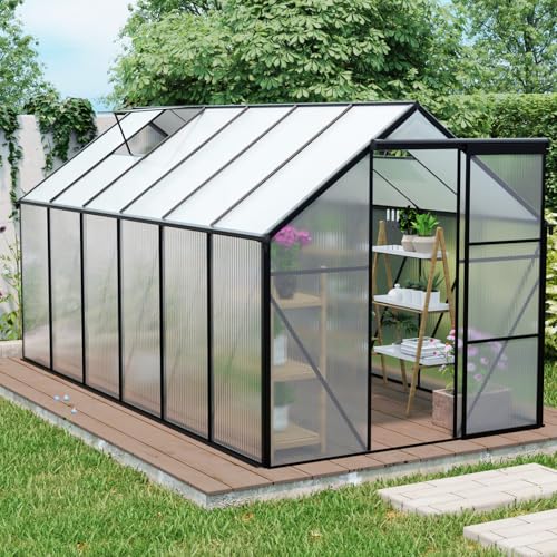 NoblleSprout 6x12ft Walk-in Greenhouse for Outdoors, Large Polycarbonate Greenhouses with Enhanced Aluminum Frame, Adjustable Roof Vent, Sliding Door, UV Protection for Outside Garden Planting, Black