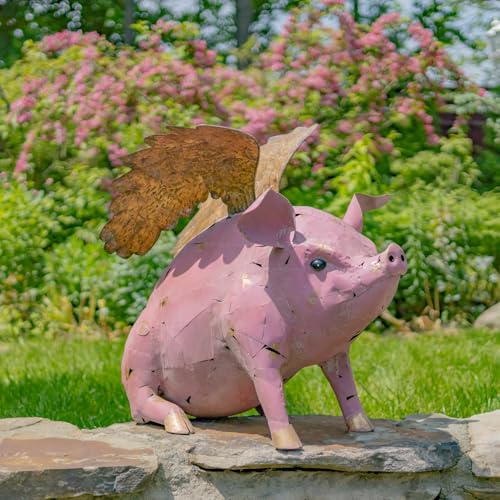 Zaer Ltd. Pink Pig Metal Garden Statue with Golden Wings, 34.75 x 20 x 30.5 inches, Outdoor Yard Art Decor