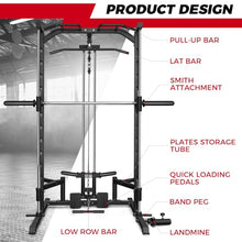 RitFit Smith Machine Power Rack with LAT-Pull Down System, Landmine, Barbell Bar, Plate Storage Pegs Black