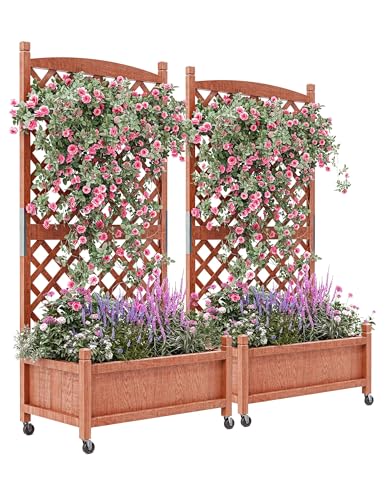 61.5 Inches Raised Garden Bed With Diamonds Lattice Trellis, Galvanized Mobile Outdoor Planter Box for Climbing Plants/Vines, Freestanding Planter Container With Drainage Holes, Optional Wheels