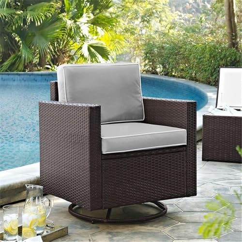 Pemberly Row Wicker Patio Swivel Rocker Chair, Gray Cushions, Steel Frame, UV-Resistant Resin Wicker, Brown Finish, 36.5" H x 29.25" W x 28.25" D, Outdoor Lounge Seating for Patio or Poolside