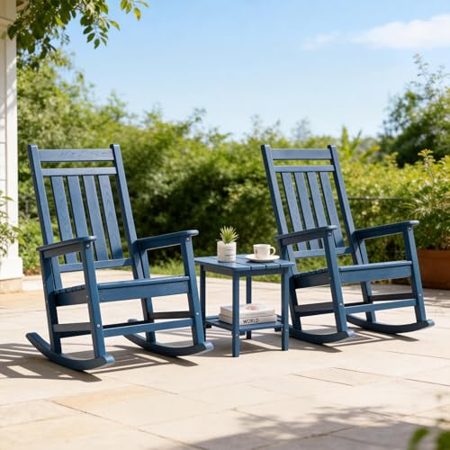Furnimart Outdoor Rocking Chairs Set of 2 with Side Table, HDPE Oversized Rocking Chair for Adults, High Back Porch Rocker Weather Resistant for Patio, Garden, Lawn, Blue
