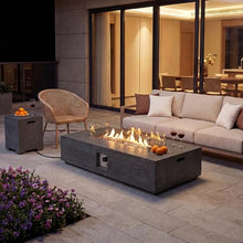COSIEST 56 x 28 inch Outdoor Propane Fire Pit Coffee Table w Concrete Rectangle Base, Certified, 50,000 BTU, Free Lava Rocks and RainCover, Fits 20lb Tank Outside, Wind Guard, Tank Cover, Gray