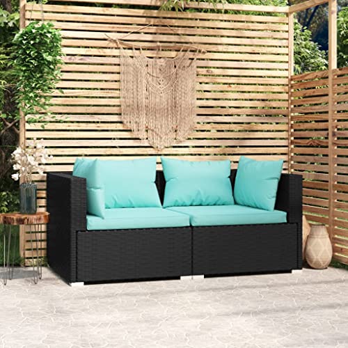 Patio Loveseat with Cushions Black Poly Rattan 2-Seater Outdoor Sofa, Waterproof PE Wicker Garden Couch with Removable Seat Cushions, Durable Steel Frame Modular Loveseat for Patio Furniture Set