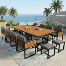 Merax 18-Piece Patio Dining Set for 16 People, Acacia Wood Outdoor Furniture Sets with 2 Square Tables, 8 Cushioned Chairs and 8 Ottomans for Backyard, Garden, Lawn, Poolside, Space Saving Design,Gray
