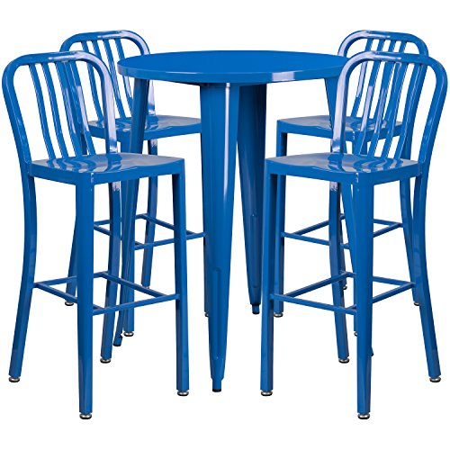 Flash Furniture Commercial Grade 30" Round Blue Metal Indoor-Outdoor Bar Table Set with 4 Vertical Slat Back Stools