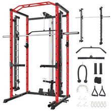 GarveeLife Power Cage SmithBar Rack 1600 LBS with LAT Pulldown & Cable System Red