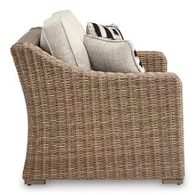 Signature Design by Ashley Beachcroft Outdoor Loveseat with High-Performance Nuvella Cushions, Resin Wicker on Rust-Resistant Aluminum Frame for Patio Seating, Beige
