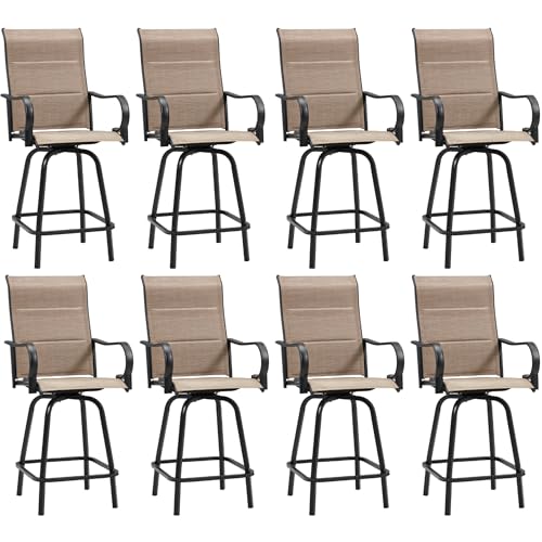 HOMREST Outdoor Swivel Bar Stools Set of 8, High Patio Swivel Bar Chairs with Padded Back & Seat, All-Weather Textilene Tall Patio Chair with Curved Armrest & Metal Footrest for Outside,Light Brown