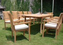 WholesaleTeakFurniture Grade-A Teak Wood 12 Seater 13 Pc Dining Set: 117" Rectangle Table and 12 Cahyo Stacking Arm Chairs #WFDSCHe